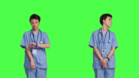 Medical-assistant-being-impatient-against-greenscreen-backdrop
